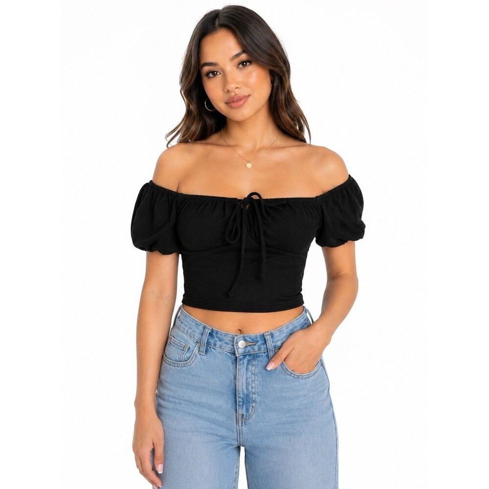 Black Off Shoulder Puff Sleeve Y2K Cutout Crop Top Women’s Medium Cottagecore